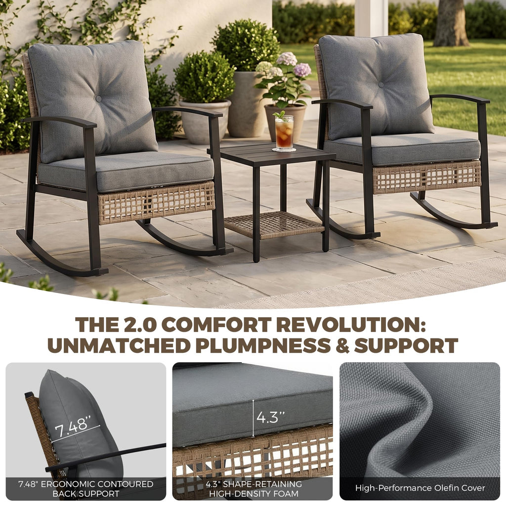 3-Piece Patio Rocking Chairs Set of 2, Rocking Chair Bistro Set [Upgraded 2.0] & 2-Tier Coffee Table, Wicker Rocking