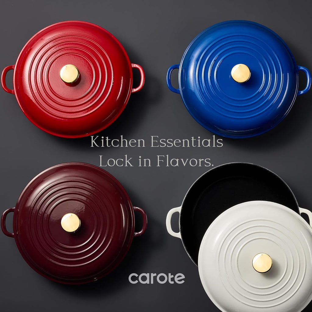 3.4QT Enamel Cast Iron Cookware, Skillet with Lid, White Dutch Oven | Shallow Round Braiser Pan Oven Safe, Non-Toxic