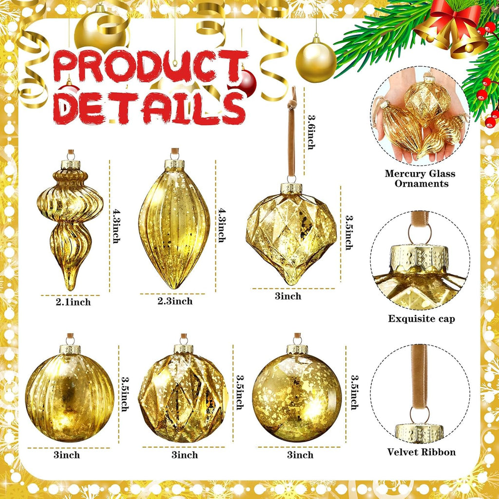 6 Pcs Gold Mercury Glass Christmas Ornaments Balls and Finials