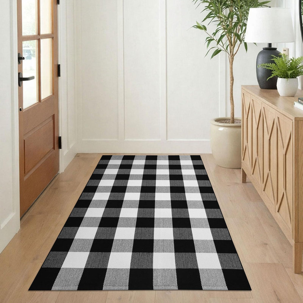 Buffalo Plaid Checkered Rug 3x5 ft Black White Front Door Rug
