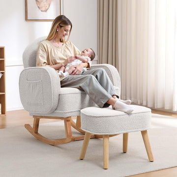 Rocking Chair Nursery with Ottoman Footrest, Upholstered Glider Rocker with High Backrest and Side Pocket, Rocking