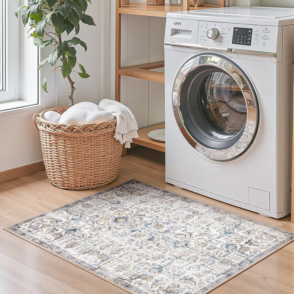 Vintage Floral Area Rug, Washable Entryway Rug, Blue