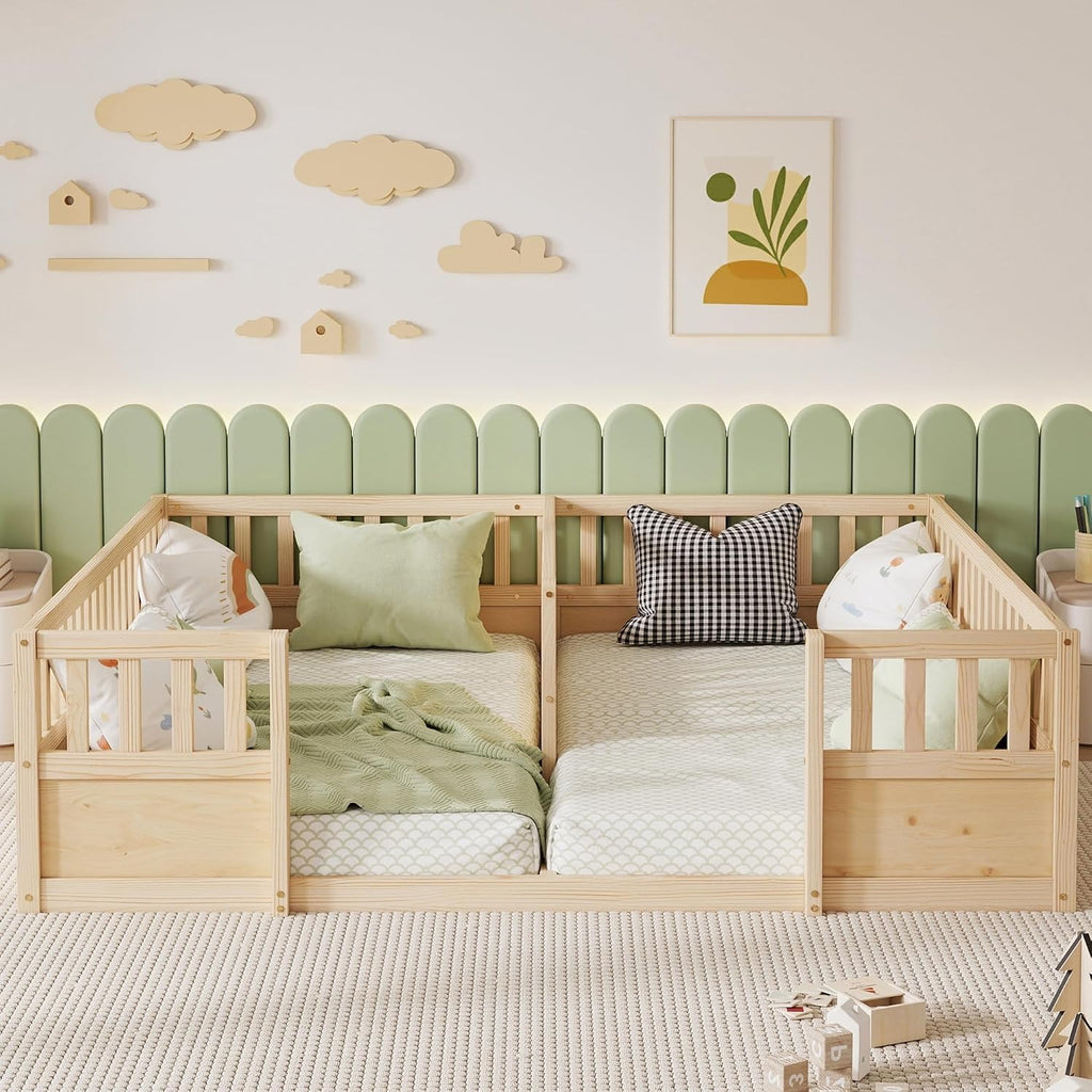 Double Floor Beds for 2 with Fence, Natural