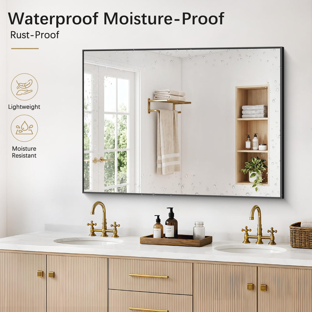 Black Bathroom Mirror for Wall, 36x48 Inch Rectangle Mirrors with Metal Frame, Modern Vanity Wall Mirror Decor Hangs