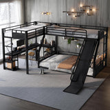 Twin XL Over Queen L Shaped Bunk Bed with Twin Loft Bed, Heavy Duty Metal Triple Bunk Bed with Slide