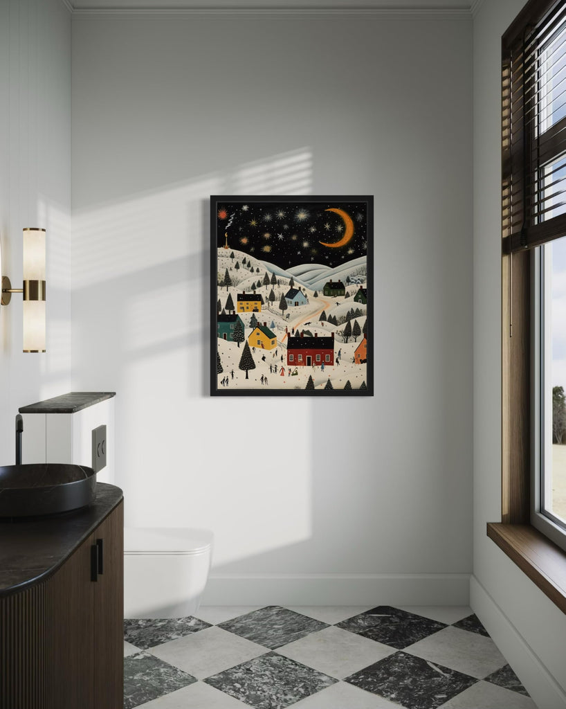 Starry Night Black Framed Wall Art Poster Print, Scenery Landscape American Folk Art, Naive Painting Decor Gallery 31