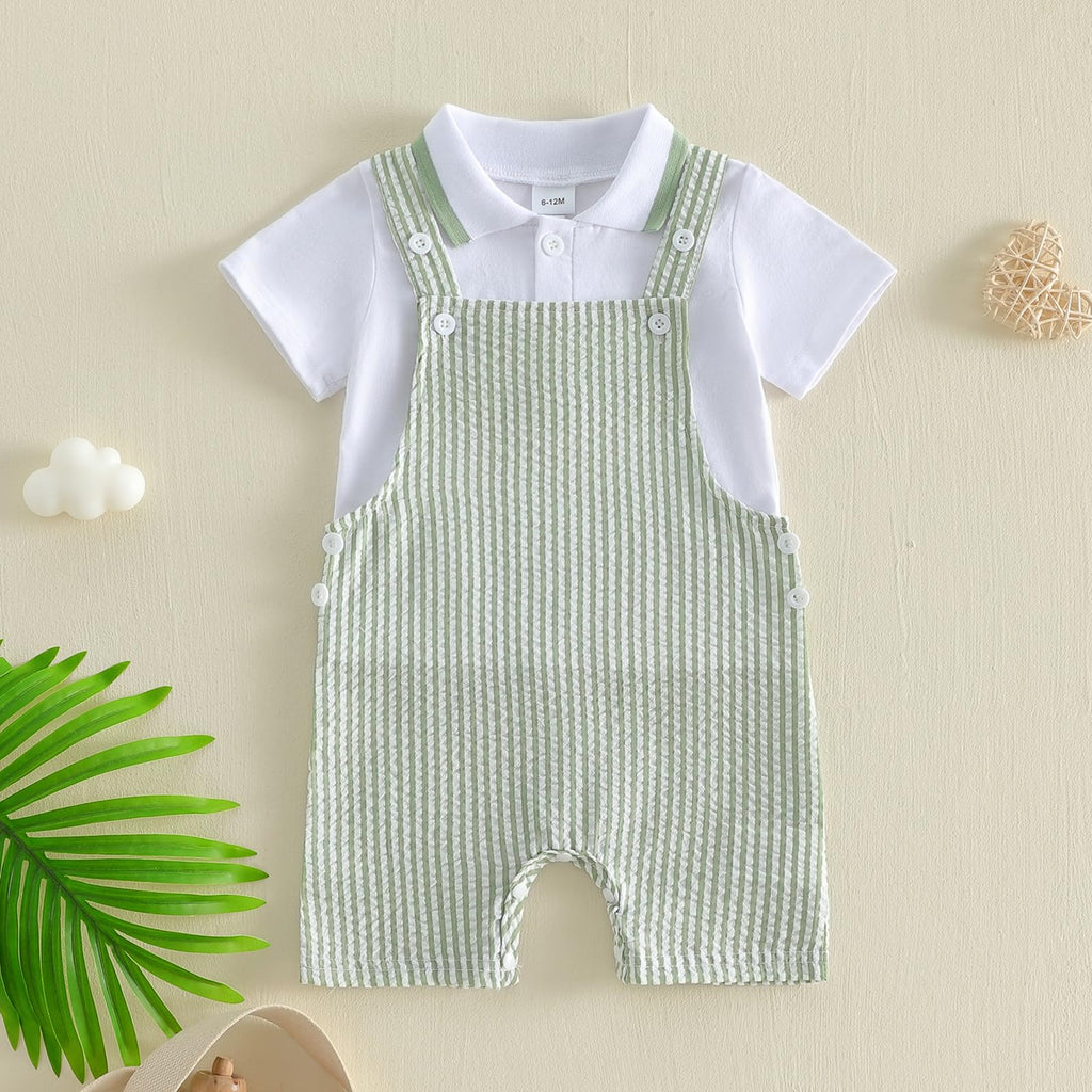 Toddler Baby Boy Clothes 2Pcs Summer Outfit Button Down Shirt & Stripe Shortall Romper Overall Sets