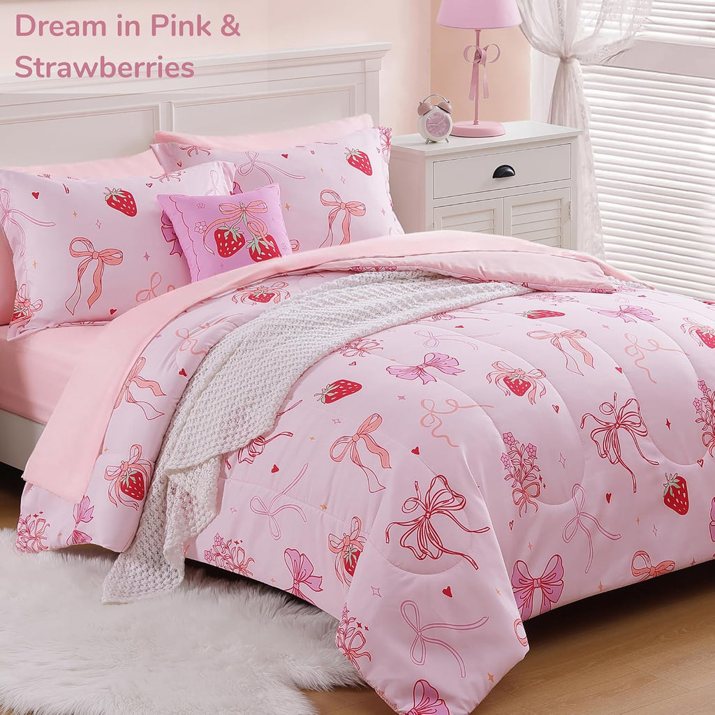 Full Comforter Set for Girls - 4 Pieces Pink Bow Full Bedding Sets for Kids, 1 Comforter, 2 Shams and 1 Decor Pillow