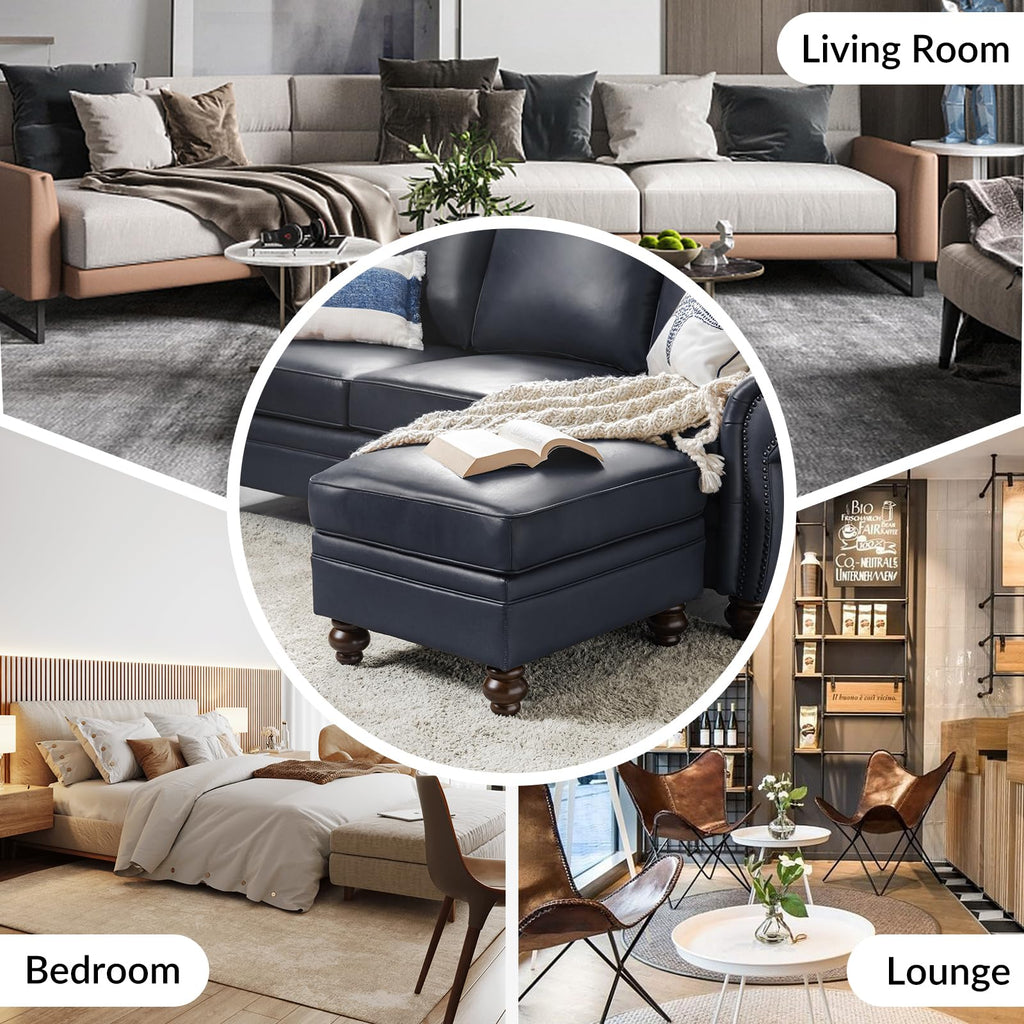 Genuine Leather Ottoman Coffee Table, Ottoman Foot Rest, Navy