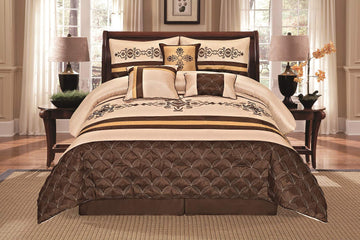 7 Pieces Complete Bedding Ensemble Beige Brown Gold Luxury Embroidery Comforter Set Bed-in-a-Bag Bedding- Yasmen King