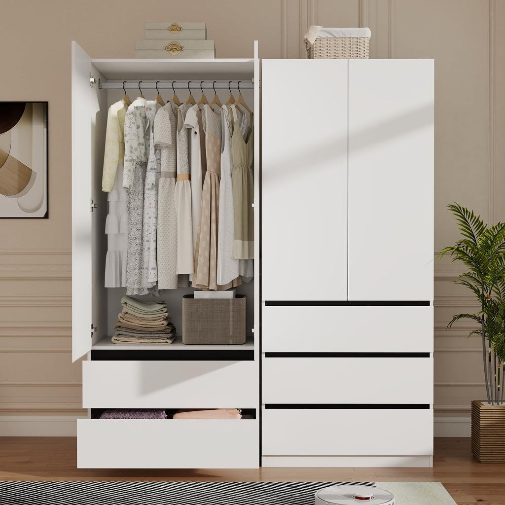 White Armoire Wardrobe Closet with 5 Drawers, 75" Tall x 95" Wide