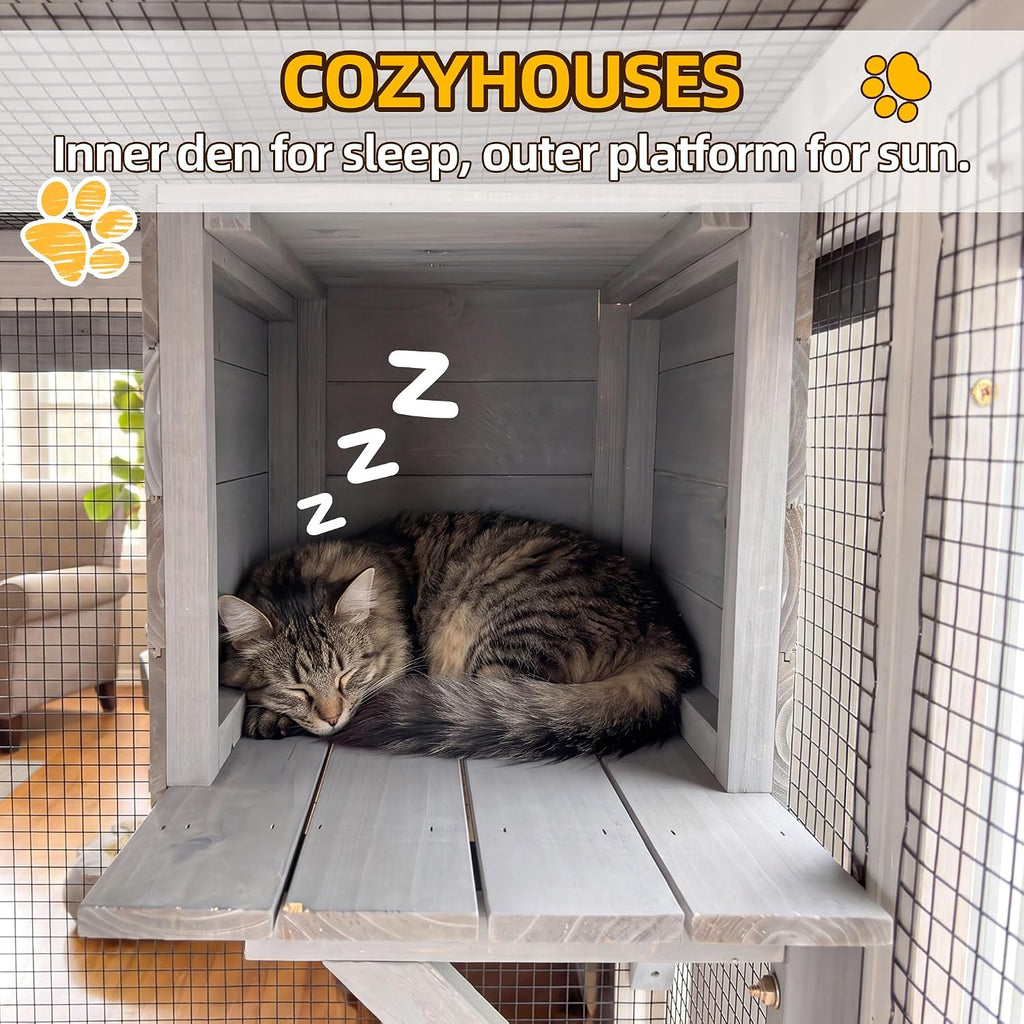 70.5 Inch Wooden Catio, Indoor Outdoor Cat Enclosure with 6 Platforms