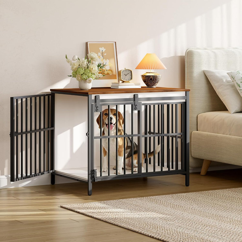 Dog Crate Furniture with Sliding Barn Door, Dog Kennel Indoor for Small/Medium Dogs, Heavy Duty Dog Cage with 2