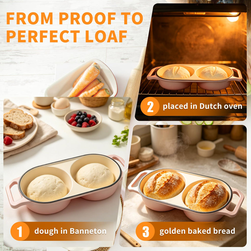 Double Dutch Oven for Sourdough Bread Baking, 2.4QT Enameled Cast Iron Bread Baker with Lid, Dual 1.2QT Round