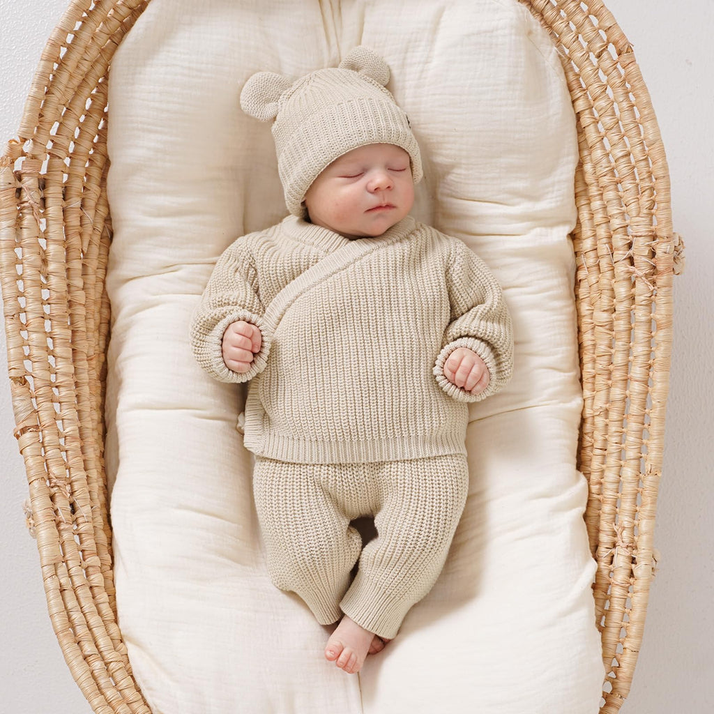 Baby Cotton Knit Set with Hat, Sweater and Pants, Coming Home Outfit (Light Camel, )