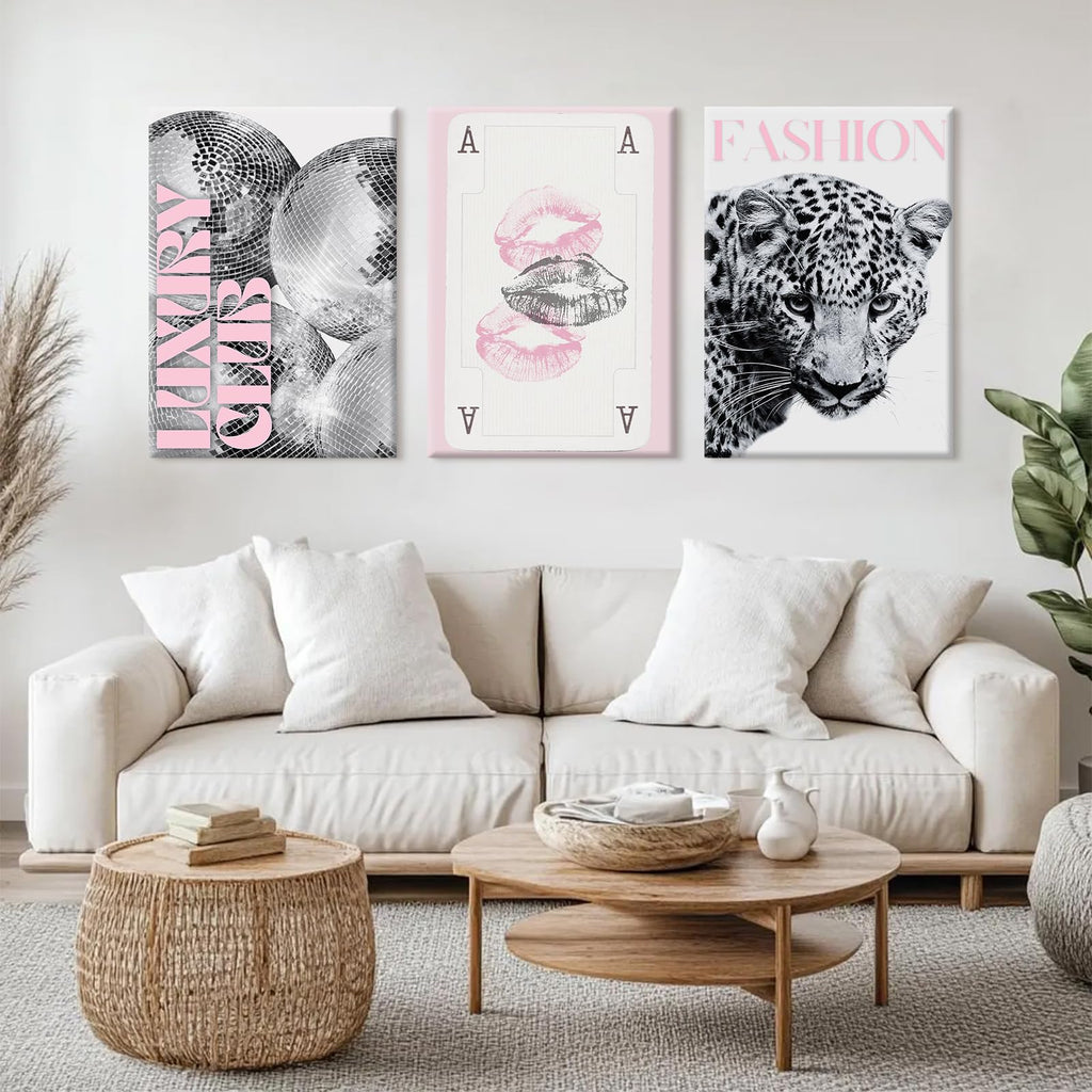 Pink Leopard Trendy Wall Art Cheetah Black White Canvas Wall Decor Fashion Preppy Posters Aesthetic Disco Ball