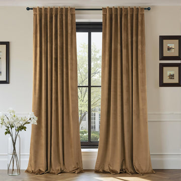 Gold Brown Velvet Curtains 108 Inch Long 2 Panel Sliding Door Insulating Soundproof Noise Reduction Drape Mid Century