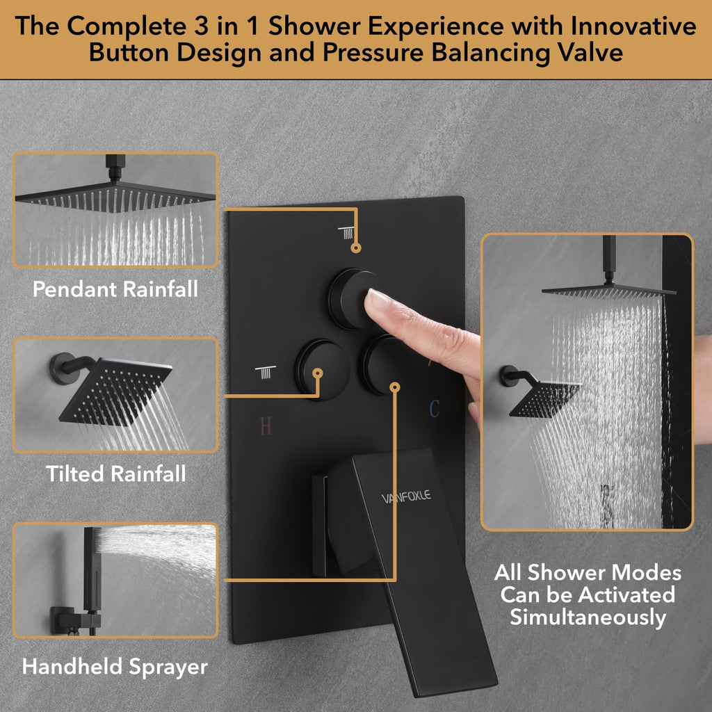 Shower System, Matte Black Shower Head Handheld, Shower Faucet Set