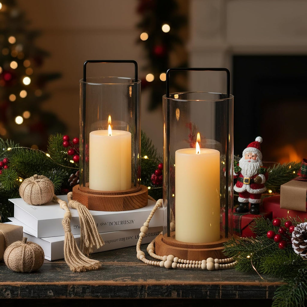 Set of 2 Hurricane Candle Holders Lantern 12" & 10"with Wood Base Metal Handle Glass Cylinder Modern Farmhouse Decor