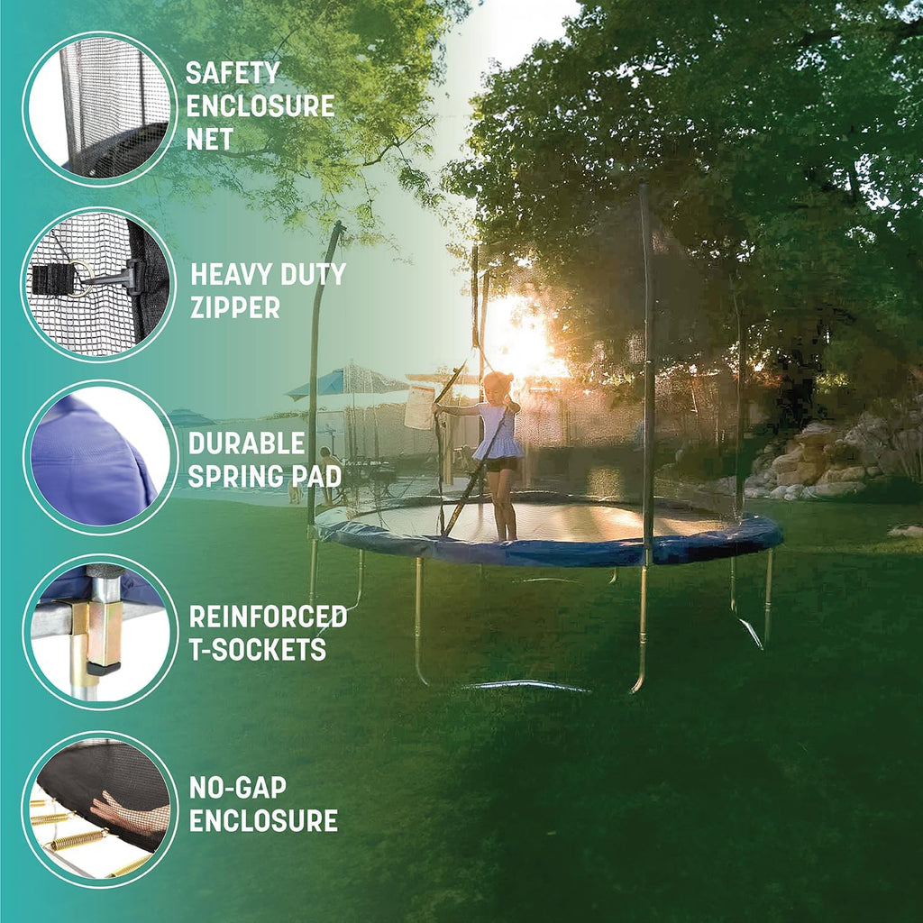 Trampoline Outdoor 8 FT, 12 FT, 15 FT Jump N' Dunk Round Outdoor Trampoline with Net, Trampoline Mat, and Basketball