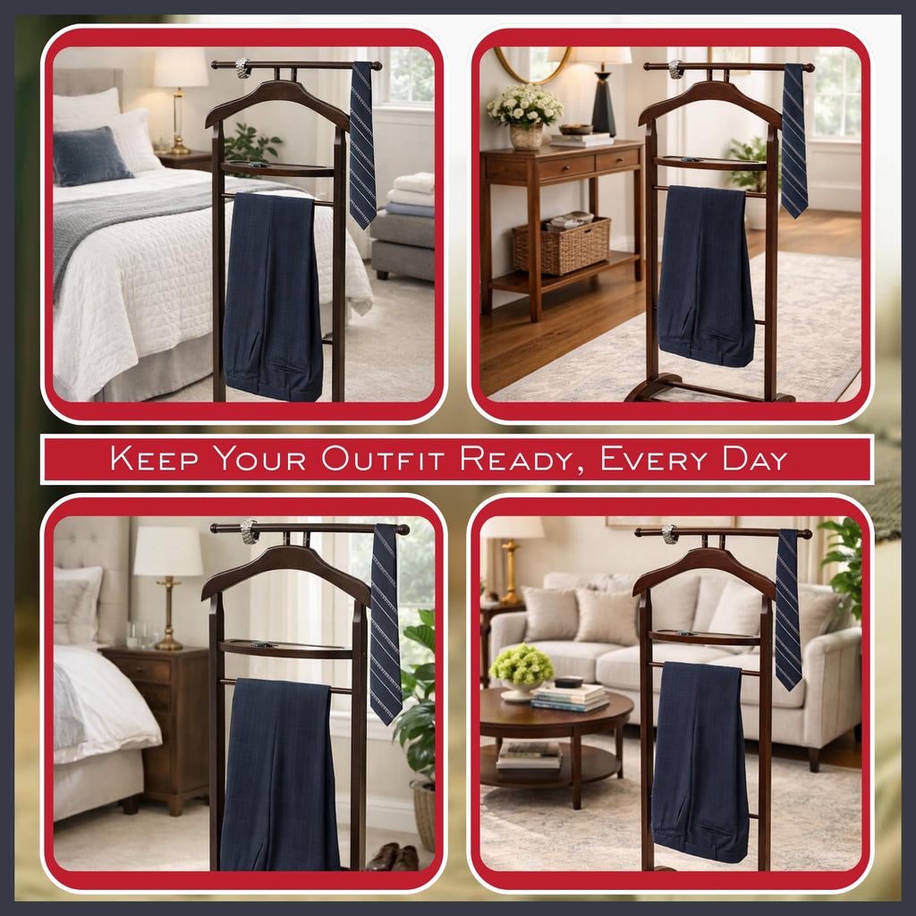 Wooden Suit Valet Stand with Hanger Trouser Bar Storage Tray Elegant Wardrobe Organizer for Men Bedroom Office