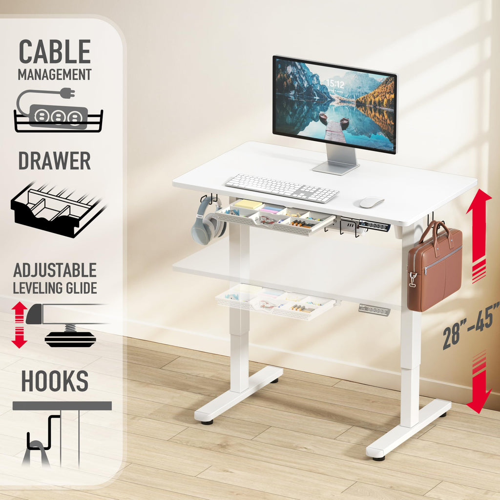 40-Inch Electric Height Adjustable Standing Desk w/Drawer, White