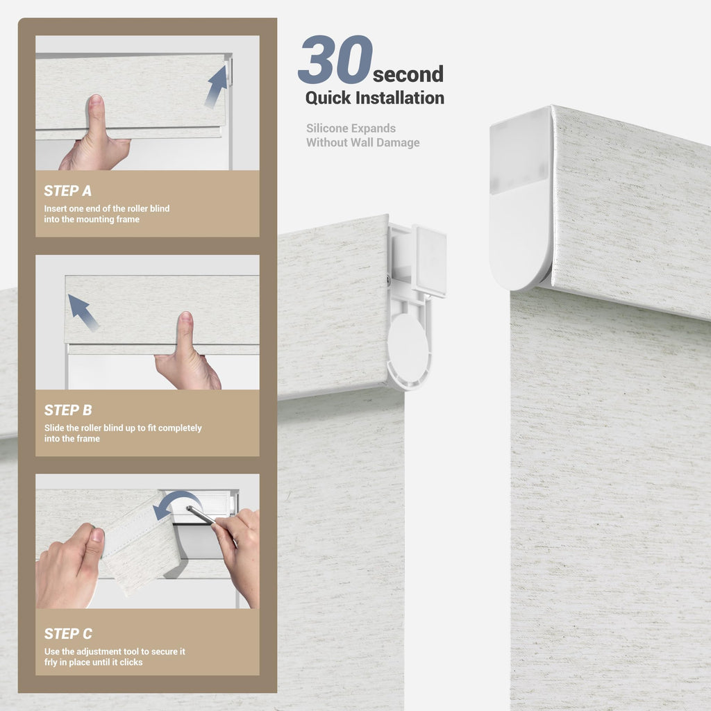 Motorized Roller Blinds with Remote, No Drill Smart Roller Shades for Indoor Windows, Blackout Linen Fabric
