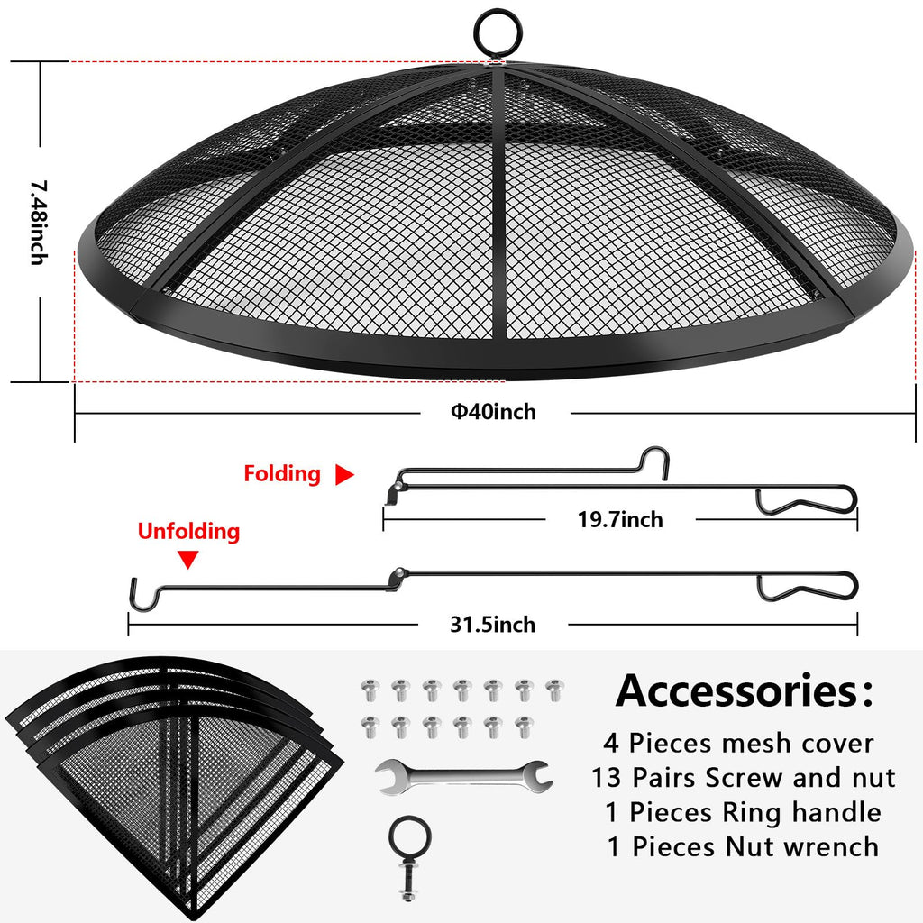 Fire Pit Spark Screen, Fire Pit Screen 40 Inch Round with Handle & Poker