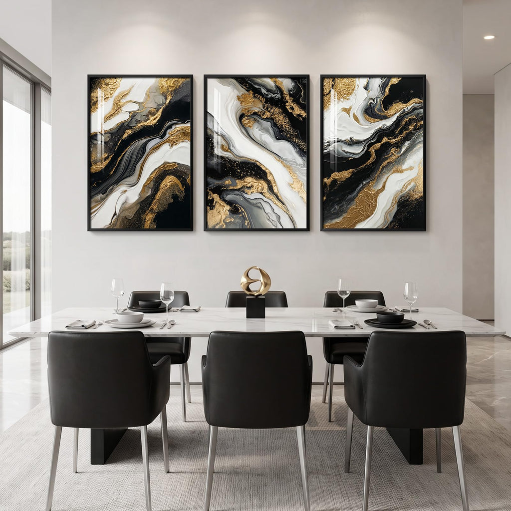 Large Framed Black Gold White Abstract Wall Art, Each 24x36