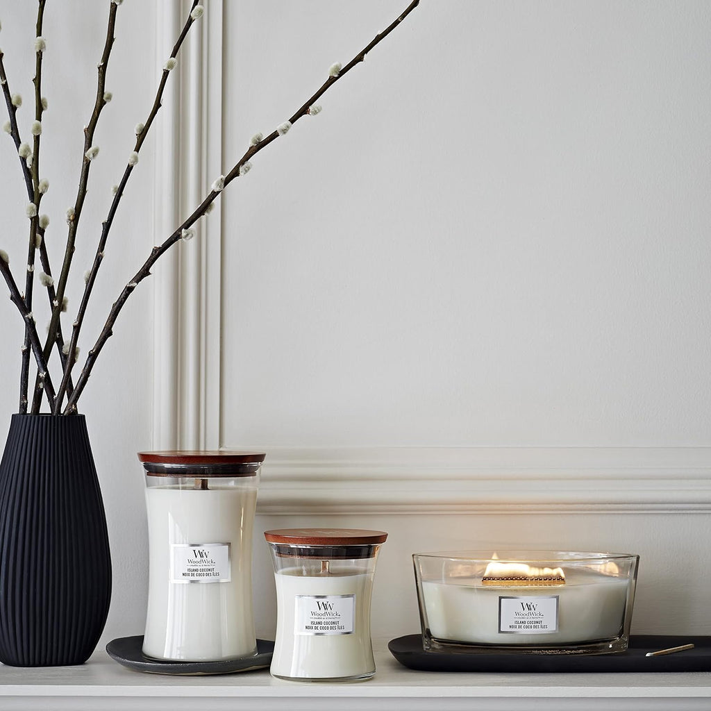 Ellipse Scented Candle with Crackling Wick, Island Coconut, Up to 50 Hours Burn Time Wood, White