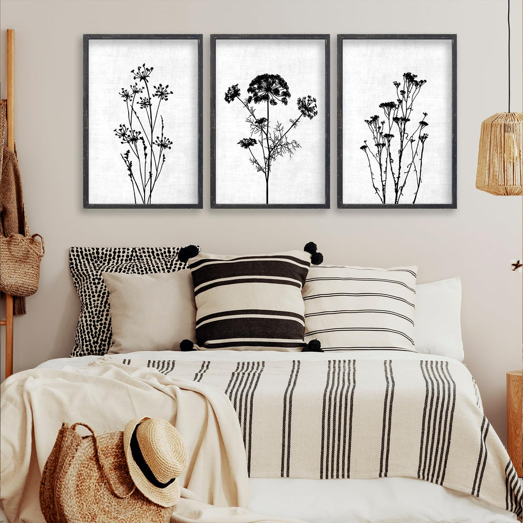 Flower Plant Wall Art Decor 16"x11" Set of 3 Black And White