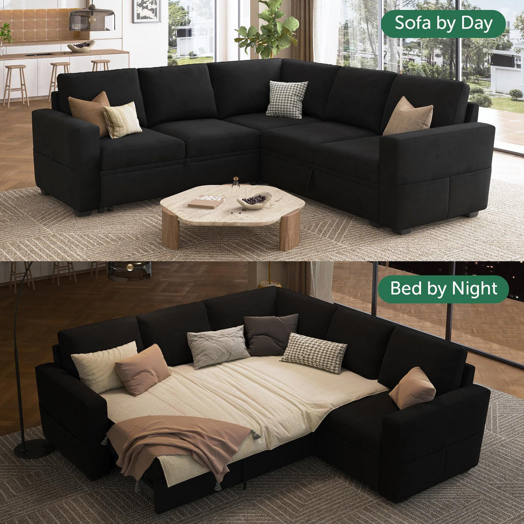 Modular Sectional Sleeper Sofa with Pull-Out Bed, Velvet L-Shaped Sofa with Storage Seat, Sectional Sofas for the