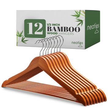 Bamboo Wood Hangers 12 Pack - Wooden Hangers Bulk, Anti-Rust Swivel Hook Bamboo Hangers - Non-Slip Smooth Finish