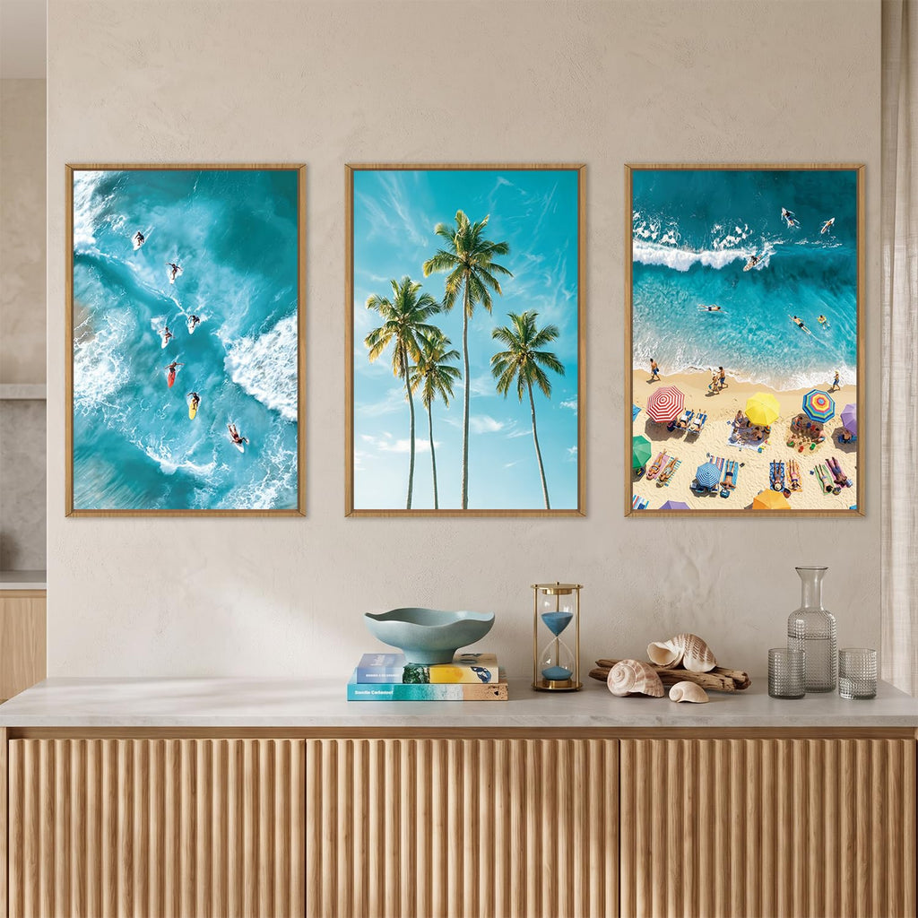Surfing Beach Seascape Framed Canvas Wall Art Set, Summer Hawaii Ocean Coastal Surfboard Coconut Tree Wall Decor