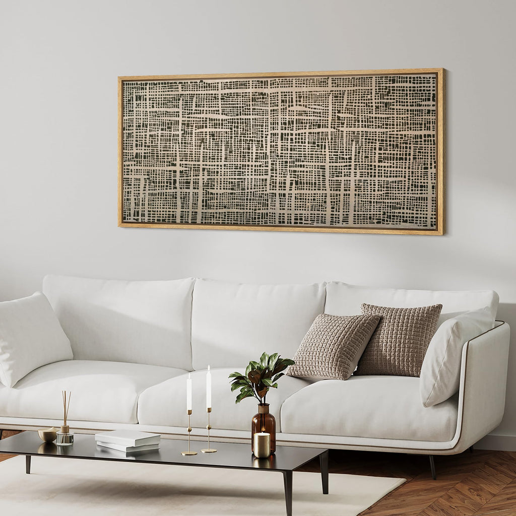 Extra Large Framed Canvas Print Wall Art Modern Geometric Grid Abstract Black and Beige Contemporary Illustrations