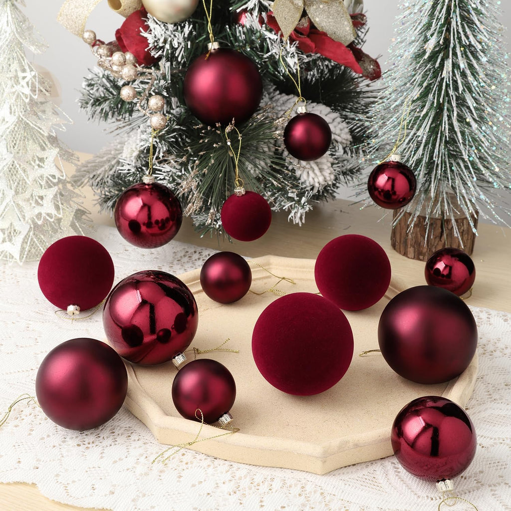 Burgundy Velvet Christmas Ball Ornaments - 36pcs Shatterproof Flocked Christmas Ornaments, Vintage Hanging Xmas Tree