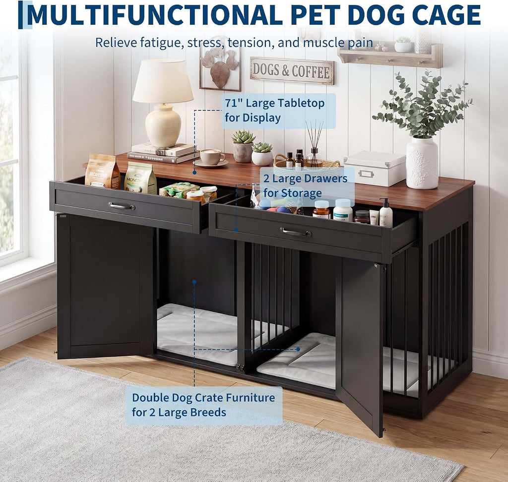 Double Dog Crate Furniture for 2 Dogs with 2 Drawers