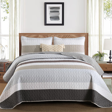 Boho Stripe Quilt Set, Grey Brown Lightweight Bedspread