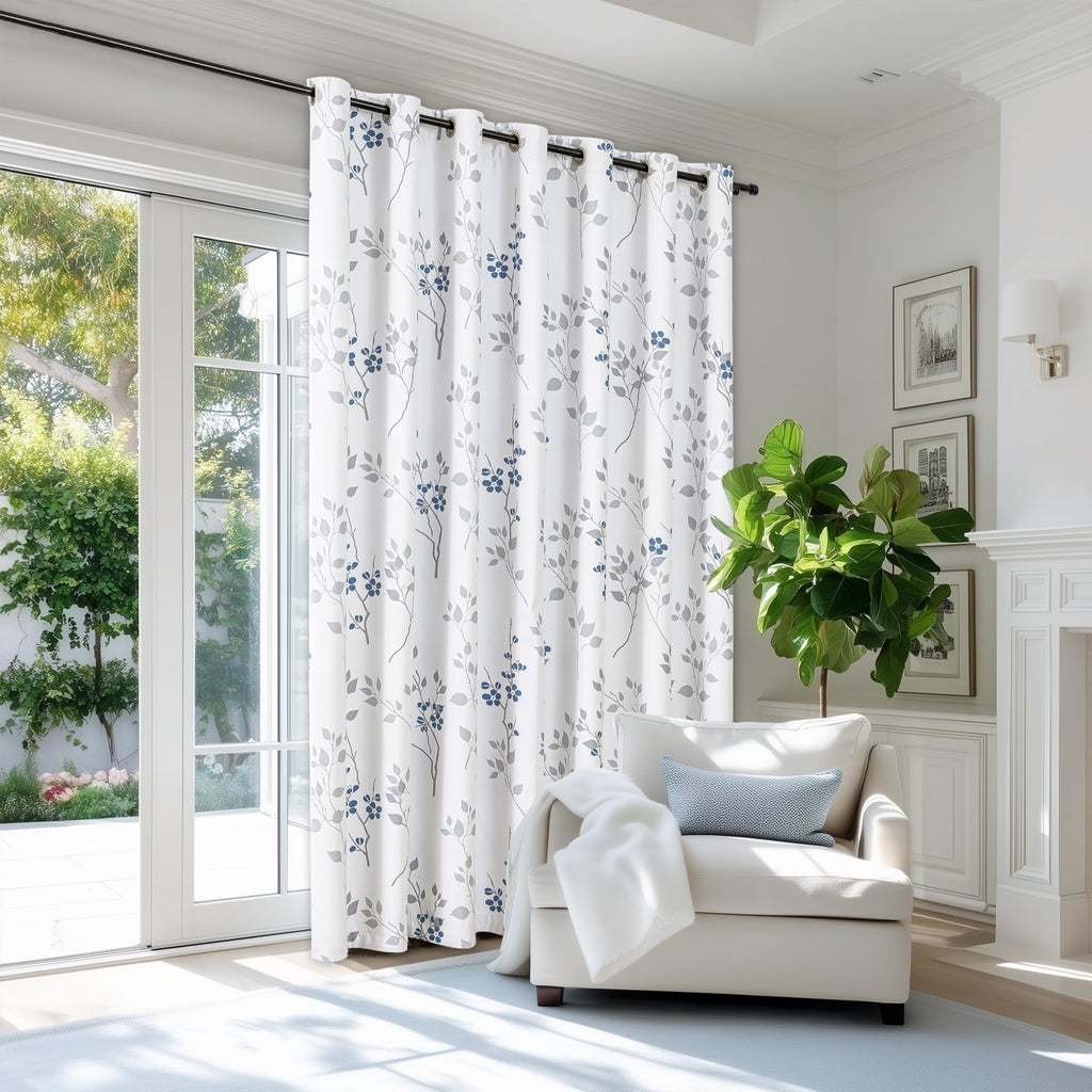 Floral 100% Blackout Sliding Door Curtains Blue Grey 100x84 1 Set