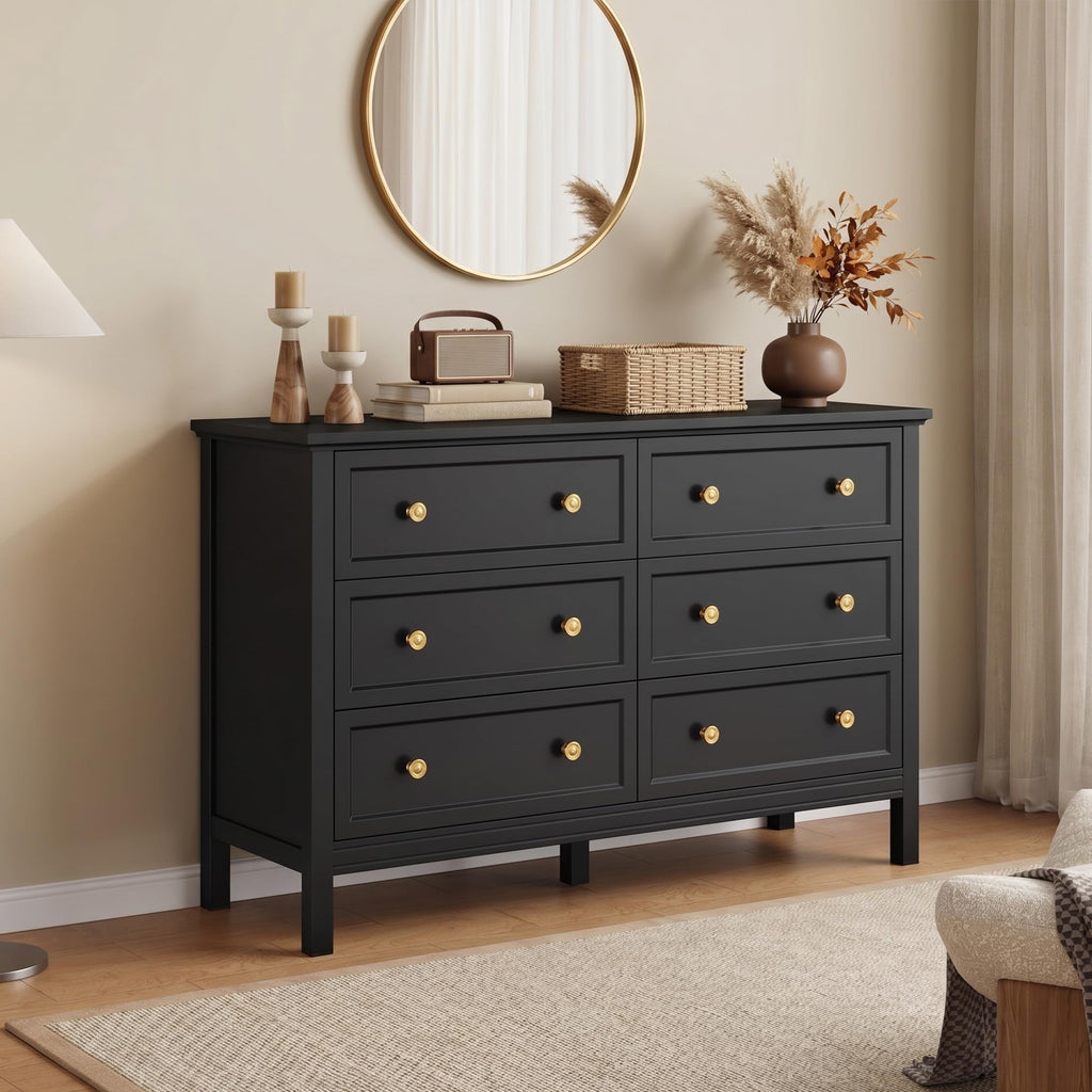 47" Black Dresser with Modern Gold Handles & 6 Drawer