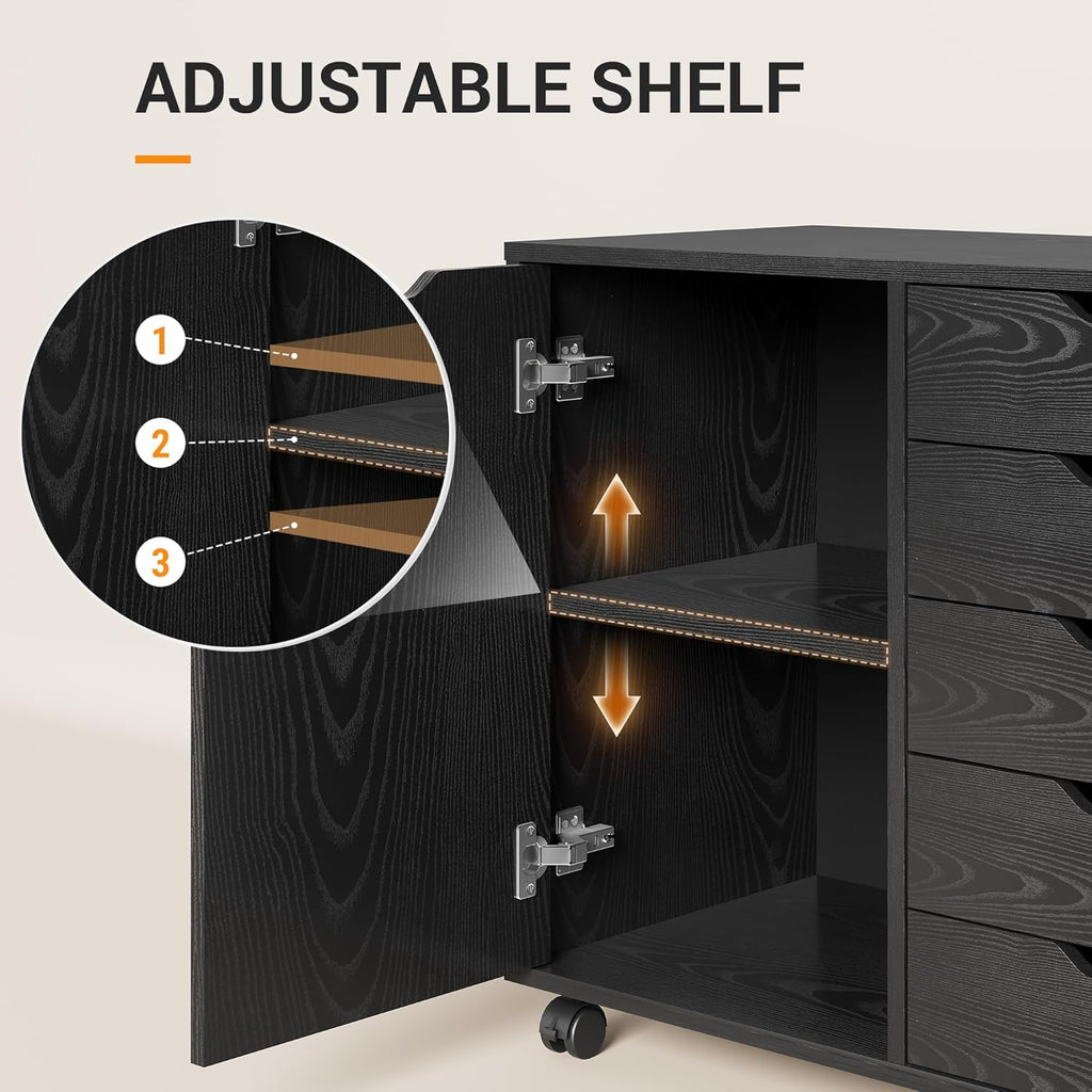 5-Drawer Wood Drawer Cabinet, Office Storage Cabinet, Black | Craft Storage Cabinet, Under Desk Drawer, Rolling Cart