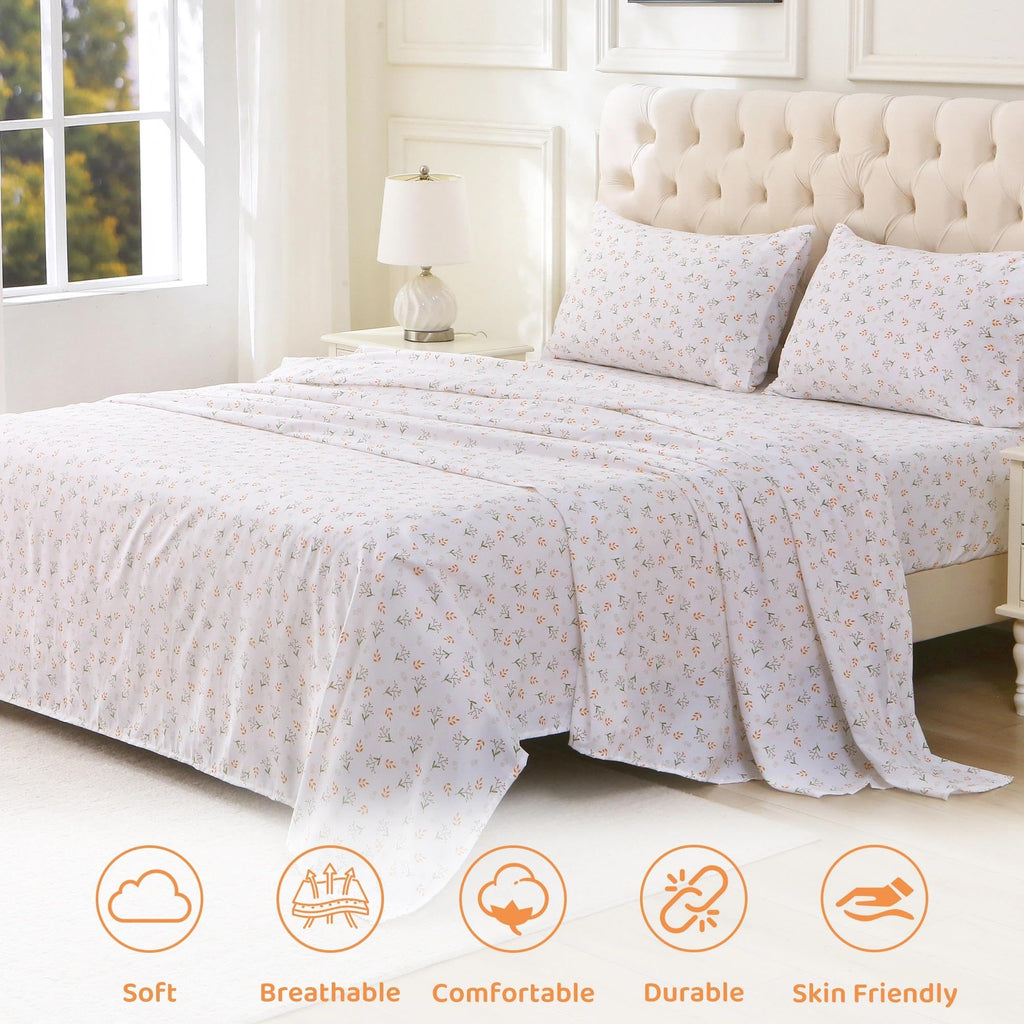 Cozy Floral Orange Microfiber Printed Full Sheet Set