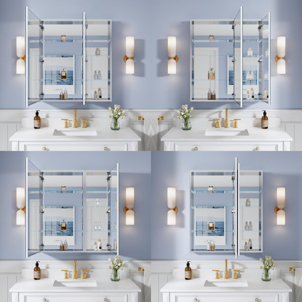 32" x 36" Bathroom Medicine Cabinet with Mirror, Anodized Chrome Aluminum Frame, Surface Mount or Recessed Medicine