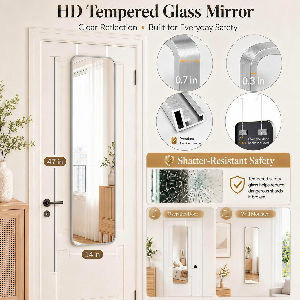 47x14" Full Length Mirror Over the Door Hang or Wall Mounted Silver