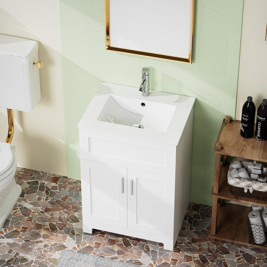 24" White Freestanding Bathroom Vanity with Single Sink - Modern Vanity Cabinet