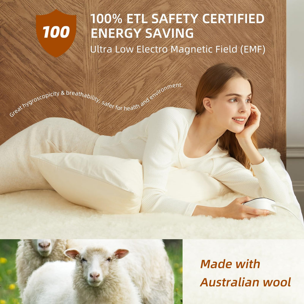 Wool Electric Mattress Pad King, Multi-Zone Dual Control Heated Mattress Pad, Bed Warmer with 9 Heat Settings, 1-12