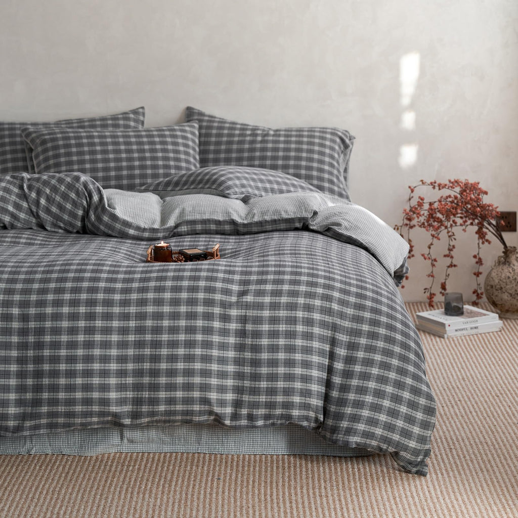 Vintage Grey Plaid Duvet Cover Gingham Bedding Set Full 100% Cotton Muslin Retro Plaid Checkered Comforter Cover Soft