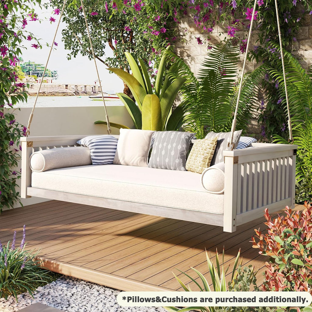 Outdoor Porch Swing Bed, Twin Size Acacia Wood Hanging Daybed with Hemp Ropes, Minimalist Patio Swing Bed for Garden