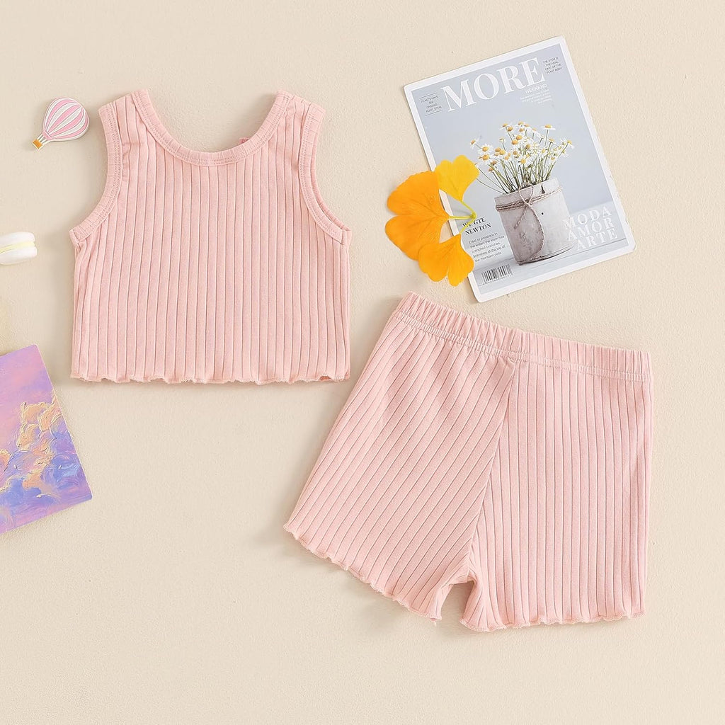 Baby Girl Clothes Summer Toddler Outfit Ruffle Rib Knit Ruffle Vest Tank Tops & Shorts Cute Clothing Sets