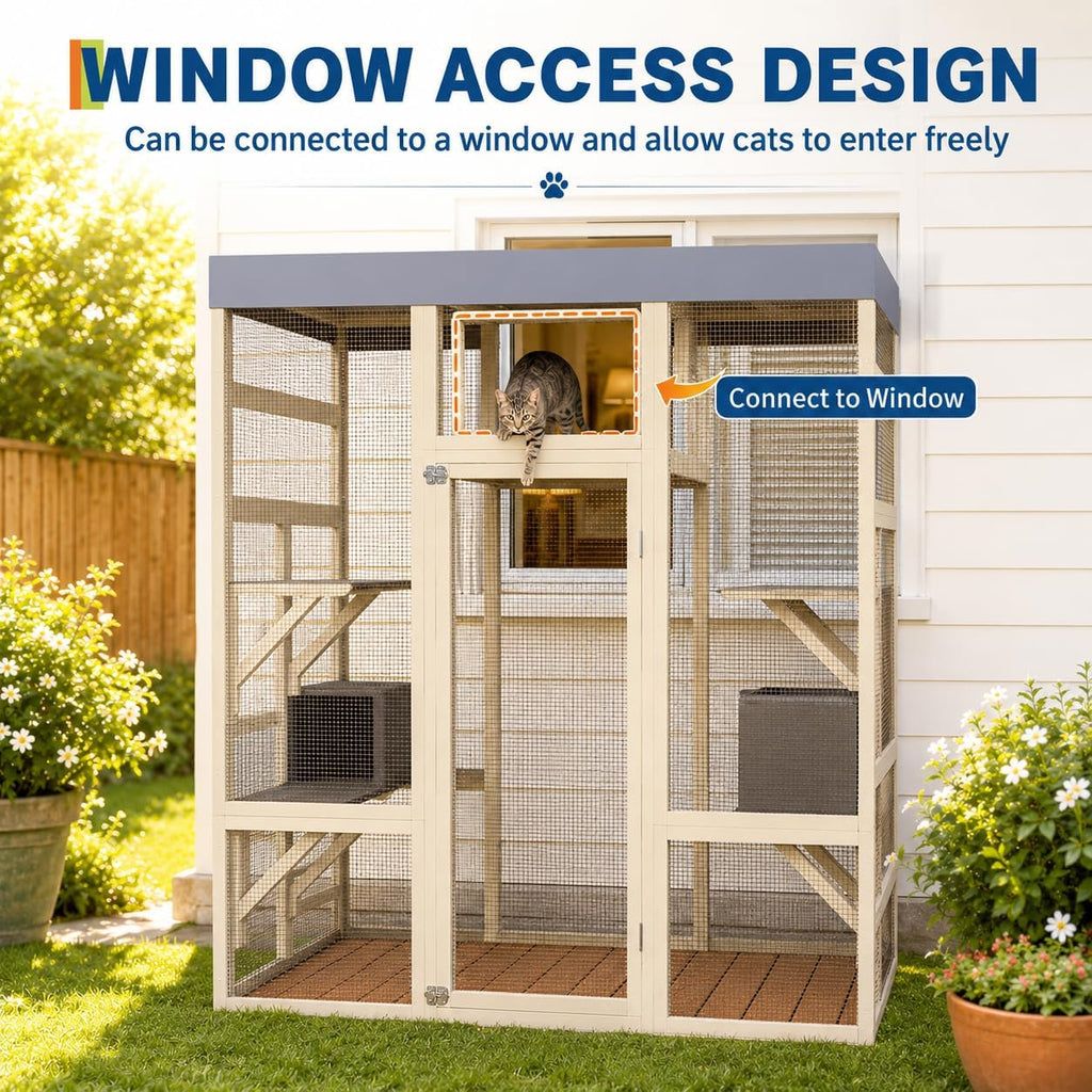 70" Large Outdoor Catio Cat Enclosure, Wood Cat Patio with 5 Platforms and 2 Resting Box, Cats Shelter